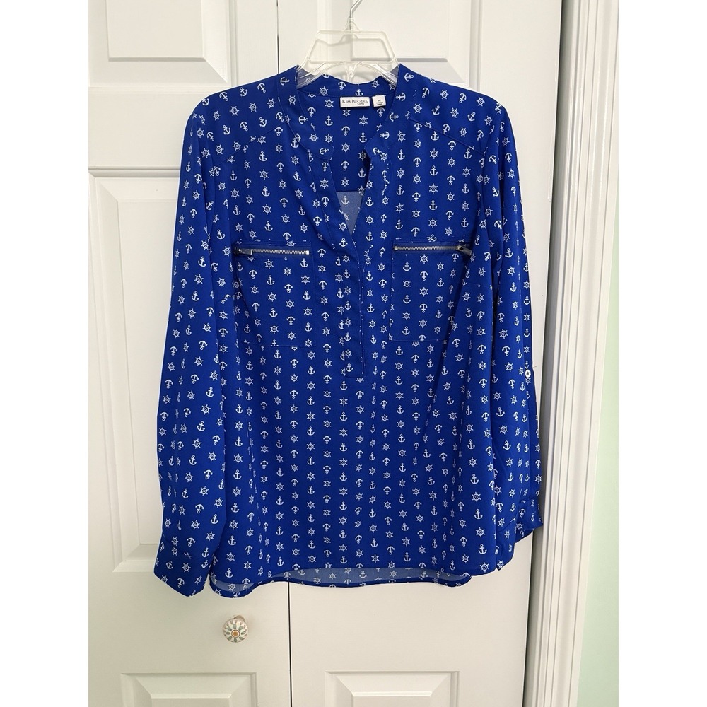 Kim Rogers Curvy 1X Blue Nautical Anchor Print Blouse Roll Tab Sleeve Retro Look